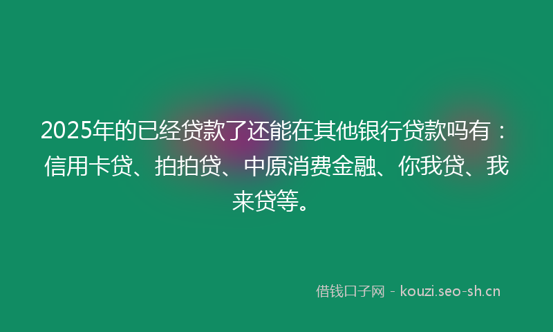 2025年的已经贷款了还能在其他银行贷款吗有：信用卡贷、拍拍贷、中原消费金融、你我贷、我来贷等。