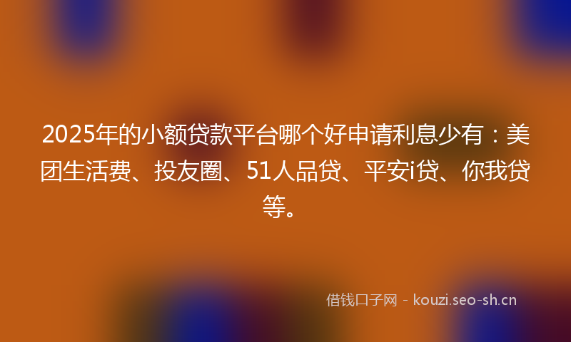 2025年的小额贷款平台哪个好申请利息少有：美团生活费、投友圈、51人品贷、平安i贷、你我贷等。