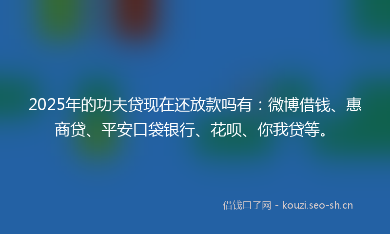 2025年的功夫贷现在还放款吗有：微博借钱、惠商贷、平安口袋银行、花呗、你我贷等。