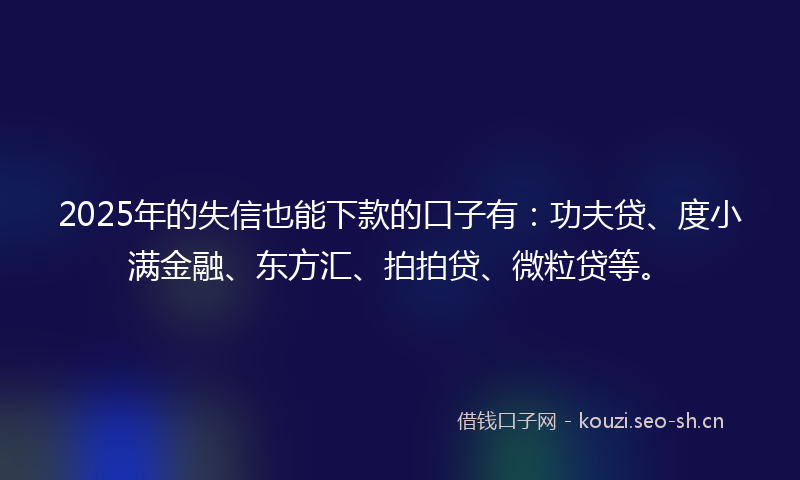 2025年的失信也能下款的口子有：功夫贷、度小满金融、东方汇、拍拍贷、微粒贷等。