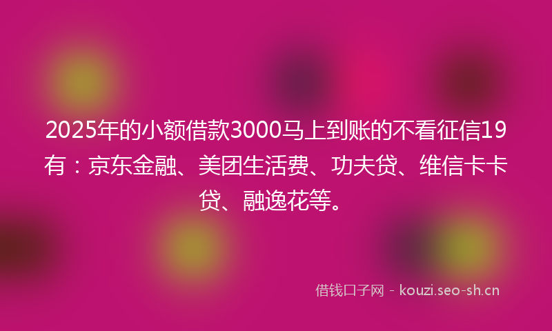 2025年的小额借款3000马上到账的不看征信19有：京东金融、美团生活费、功夫贷、维信卡卡贷、融逸花等。