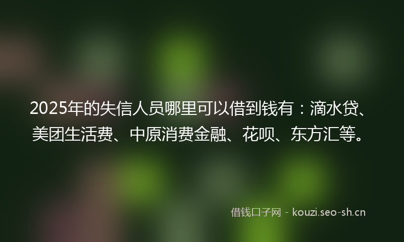 2025年的失信人员哪里可以借到钱有：滴水贷、美团生活费、中原消费金融、花呗、东方汇等。