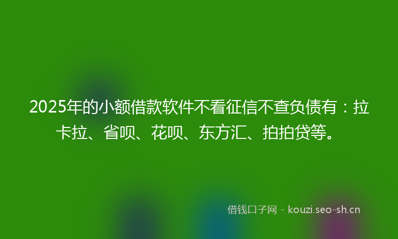 2025年的小额借款软件不看征信不查负债有：拉卡拉、省呗、花呗、东方汇、拍拍贷等。