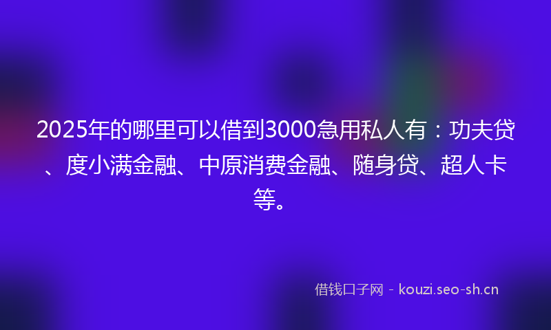 2025年的哪里可以借到3000急用私人有：功夫贷、度小满金融、中原消费金融、随身贷、超人卡等。