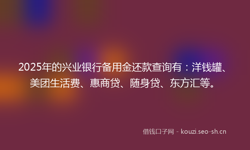 2025年的兴业银行备用金还款查询有：洋钱罐、美团生活费、惠商贷、随身贷、东方汇等。