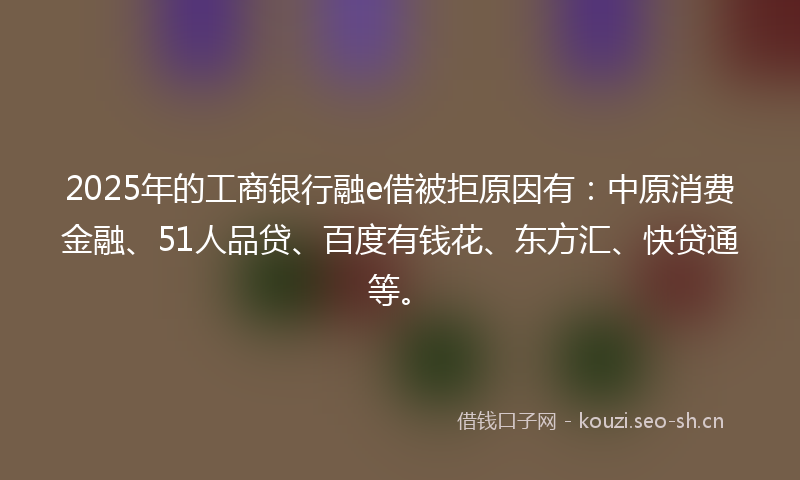 2025年的工商银行融e借被拒原因有：中原消费金融、51人品贷、百度有钱花、东方汇、快贷通等。