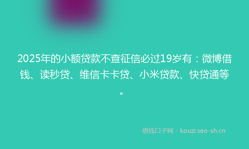 2025年的小额贷款不查征信必过19岁有：微博借钱、读秒贷、维信卡卡贷、小米贷款、快贷通等。