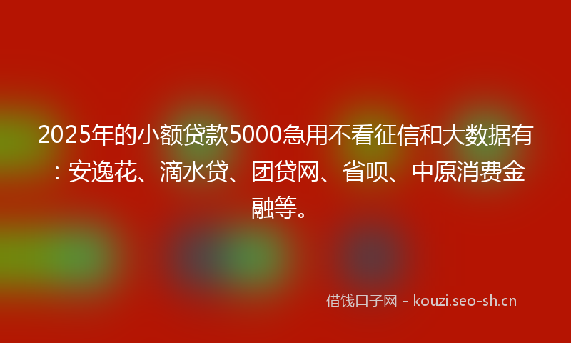 2025年的小额贷款5000急用不看征信和大数据有：安逸花、滴水贷、团贷网、省呗、中原消费金融等。