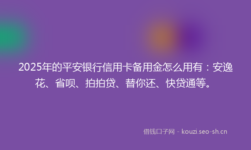 2025年的平安银行信用卡备用金怎么用有：安逸花、省呗、拍拍贷、替你还、快贷通等。