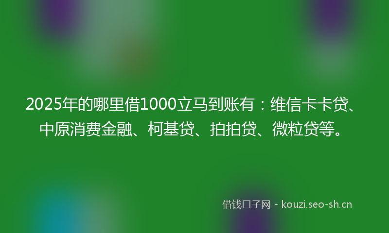 2025年的哪里借1000立马到账有：维信卡卡贷、中原消费金融、柯基贷、拍拍贷、微粒贷等。