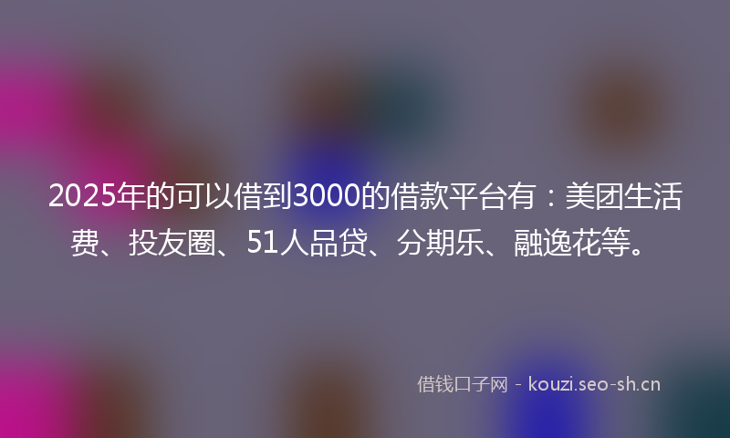 2025年的可以借到3000的借款平台有：美团生活费、投友圈、51人品贷、分期乐、融逸花等。