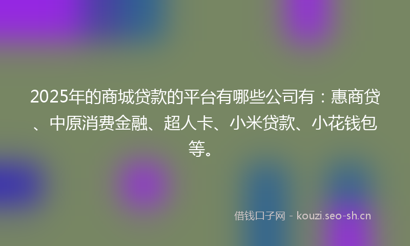2025年的商城贷款的平台有哪些公司有：惠商贷、中原消费金融、超人卡、小米贷款、小花钱包等。