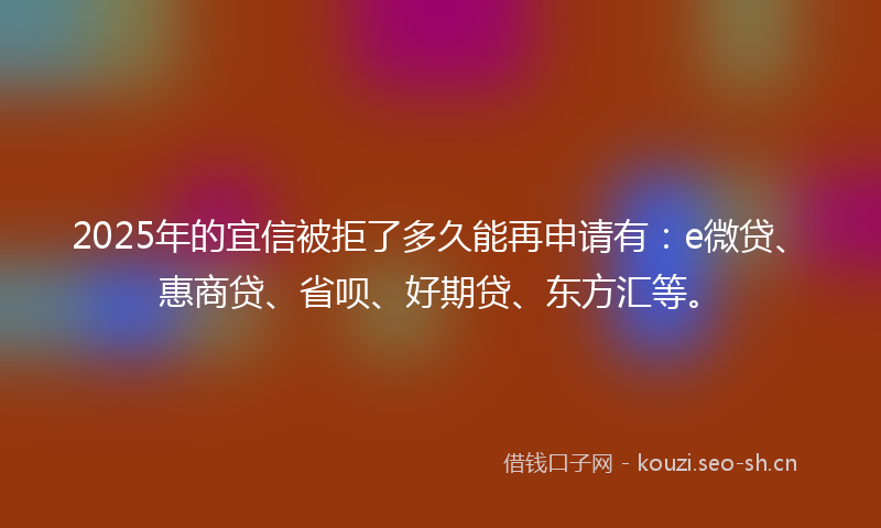 2025年的宜信被拒了多久能再申请有：e微贷、惠商贷、省呗、好期贷、东方汇等。