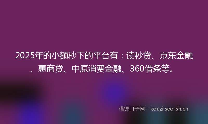 2025年的小额秒下的平台有：读秒贷、京东金融、惠商贷、中原消费金融、360借条等。