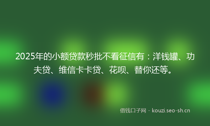 2025年的小额贷款秒批不看征信有：洋钱罐、功夫贷、维信卡卡贷、花呗、替你还等。