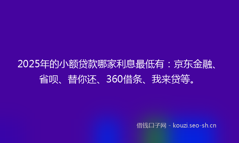 2025年的小额贷款哪家利息最低有：京东金融、省呗、替你还、360借条、我来贷等。