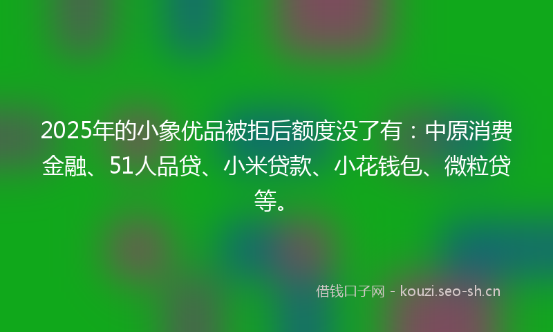 2025年的小象优品被拒后额度没了有：中原消费金融、51人品贷、小米贷款、小花钱包、微粒贷等。