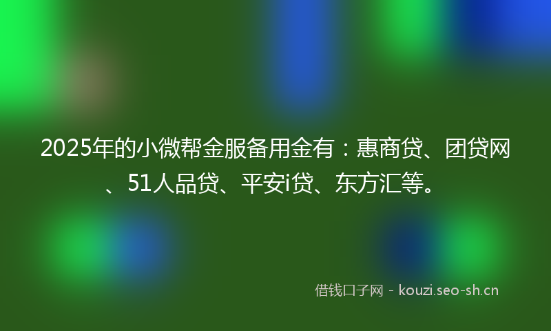 2025年的小微帮金服备用金有：惠商贷、团贷网、51人品贷、平安i贷、东方汇等。
