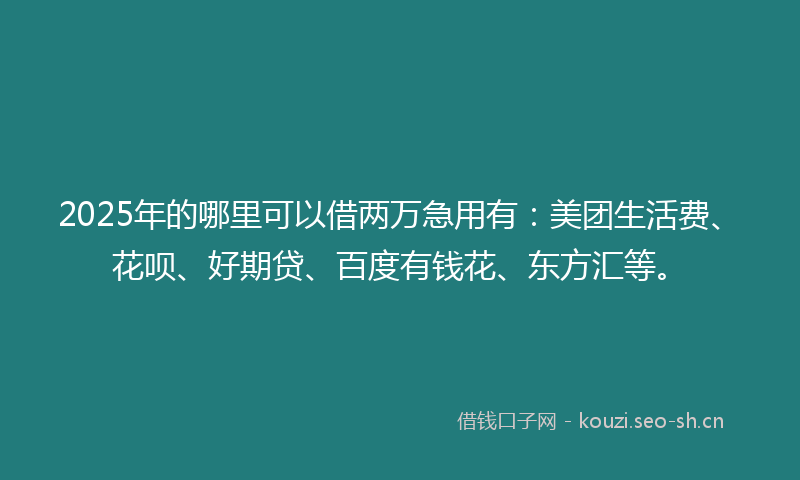 2025年的哪里可以借两万急用有：美团生活费、花呗、好期贷、百度有钱花、东方汇等。