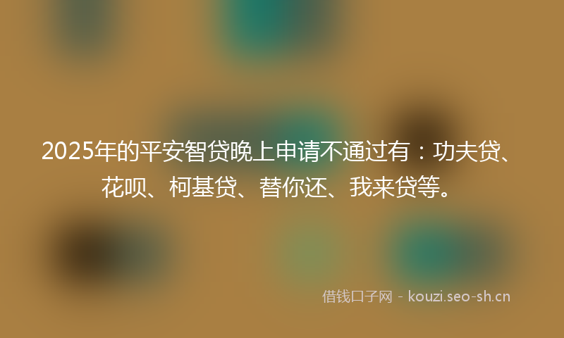 2025年的平安智贷晚上申请不通过有：功夫贷、花呗、柯基贷、替你还、我来贷等。