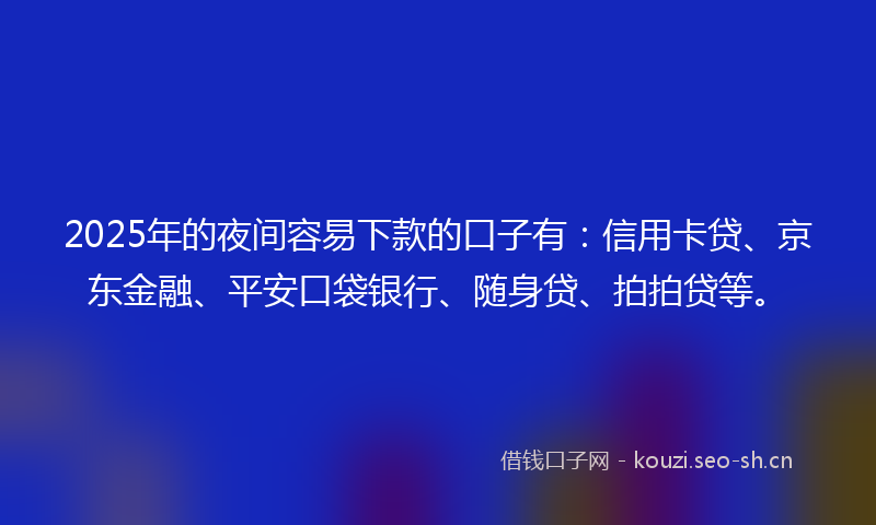 2025年的夜间容易下款的口子有：信用卡贷、京东金融、平安口袋银行、随身贷、拍拍贷等。
