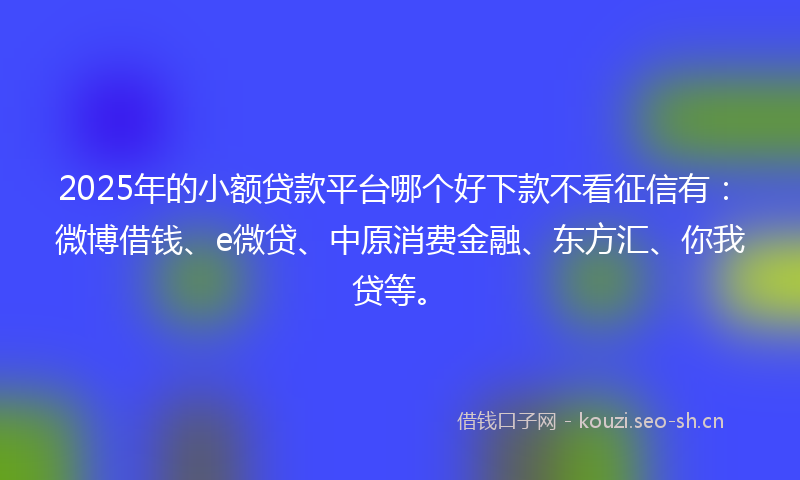2025年的小额贷款平台哪个好下款不看征信有：微博借钱、e微贷、中原消费金融、东方汇、你我贷等。