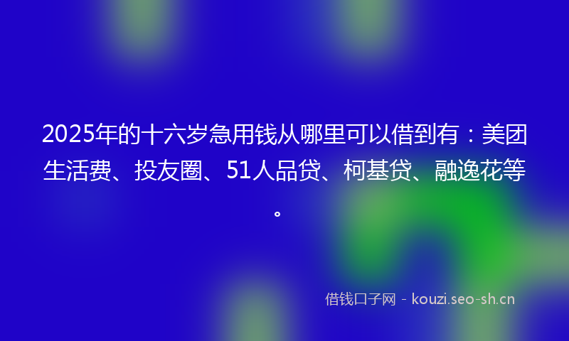 2025年的十六岁急用钱从哪里可以借到有:美团生活费、投友圈、51人品贷、柯基贷、融逸花等。