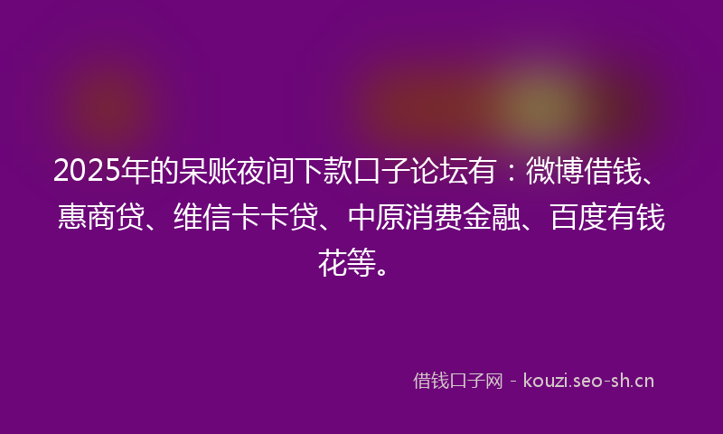 2025年的呆账夜间下款口子论坛有：微博借钱、惠商贷、维信卡卡贷、中原消费金融、百度有钱花等。