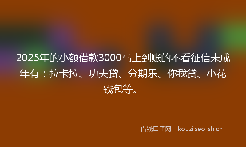 2025年的小额借款3000马上到账的不看征信未成年有：拉卡拉、功夫贷、分期乐、你我贷、小花钱包等。