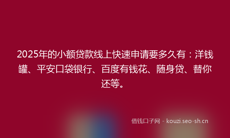 2025年的小额贷款线上快速申请要多久有：洋钱罐、平安口袋银行、百度有钱花、随身贷、替你还等。