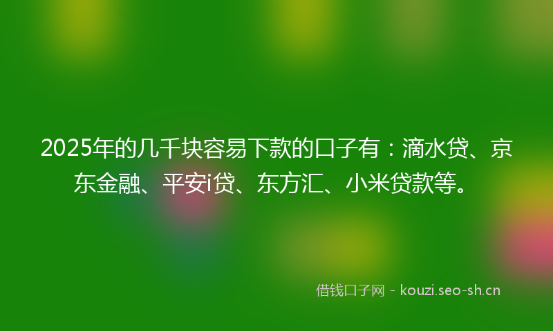 2025年的几千块容易下款的口子有：滴水贷、京东金融、平安i贷、东方汇、小米贷款等。