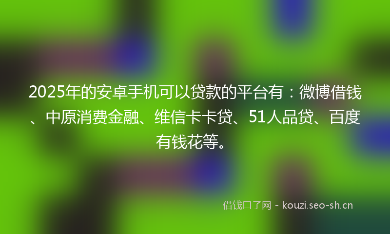 2025年的安卓手机可以贷款的平台有:微博借钱、中原消费金融、维信卡卡贷、51人品贷、百度有钱花等。