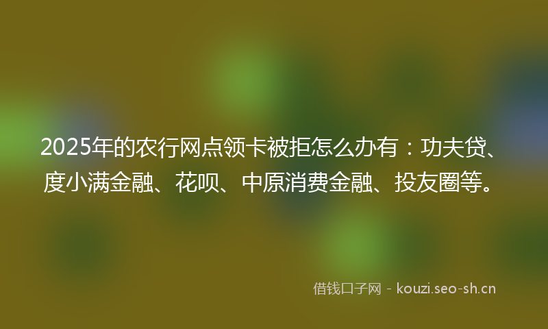 2025年的农行网点领卡被拒怎么办有：功夫贷、度小满金融、花呗、中原消费金融、投友圈等。