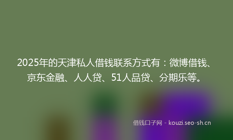 2025年的天津私人借钱联系方式有：微博借钱、京东金融、人人贷、51人品贷、分期乐等。