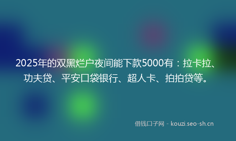2025年的双黑烂户夜间能下款5000有：拉卡拉、功夫贷、平安口袋银行、超人卡、拍拍贷等。