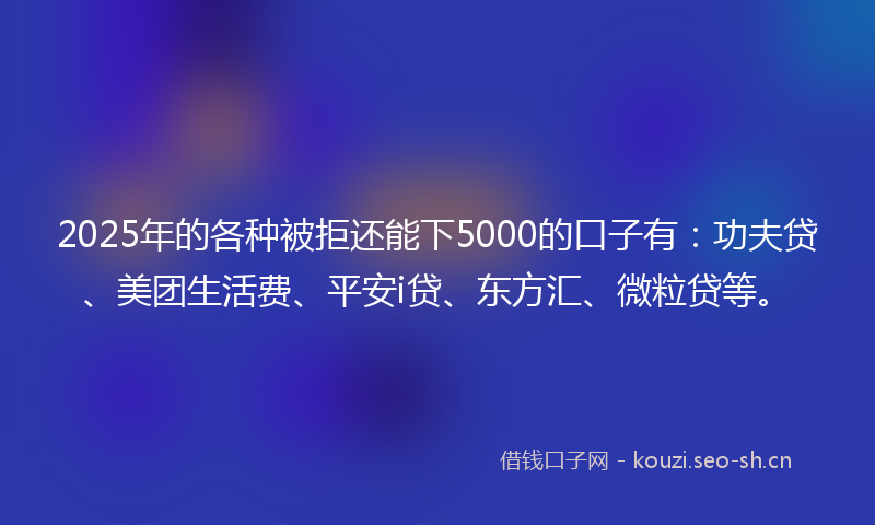 2025年的各种被拒还能下5000的口子有：功夫贷、美团生活费、平安i贷、东方汇、微粒贷等。
