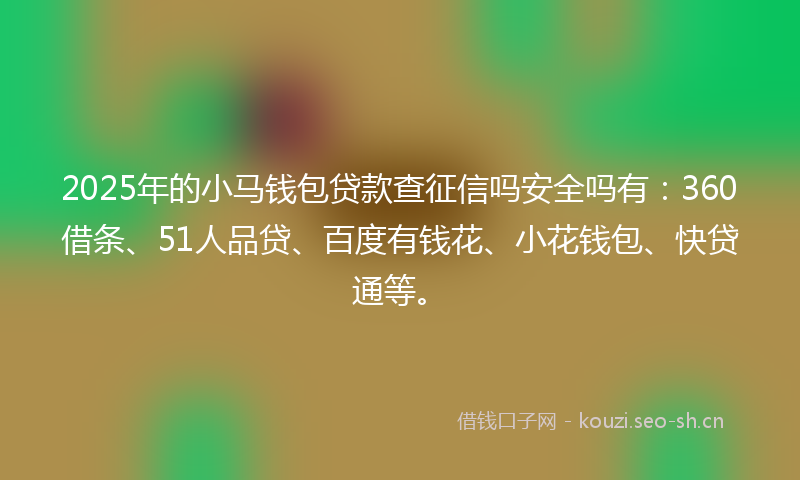 2025年的小马钱包贷款查征信吗安全吗有：360借条、51人品贷、百度有钱花、小花钱包、快贷通等。