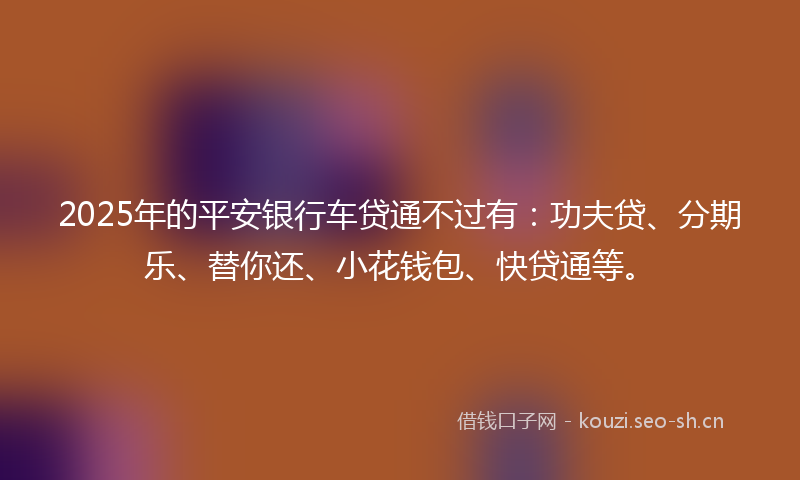 2025年的平安银行车贷通不过有：功夫贷、分期乐、替你还、小花钱包、快贷通等。