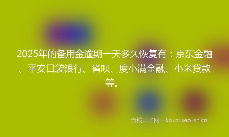 2025年的备用金逾期一天多久恢复有：京东金融、平安口袋银行、省呗、度小满金融、小米贷款等。