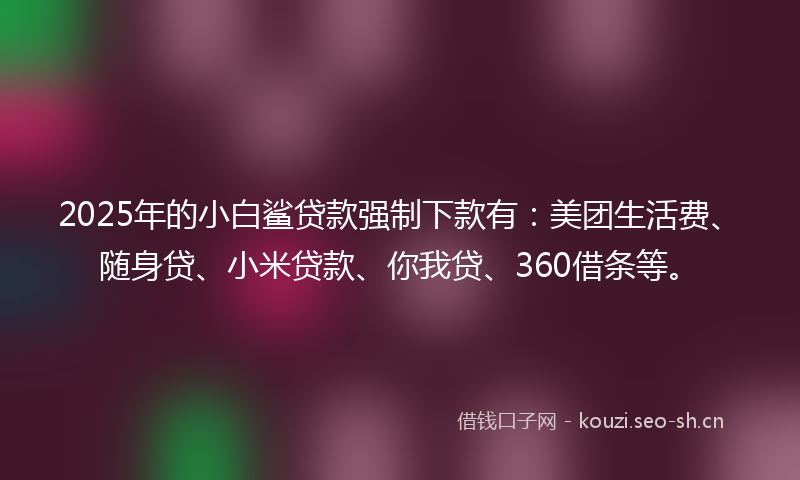 2025年的小白鲨贷款强制下款有：美团生活费、随身贷、小米贷款、你我贷、360借条等。