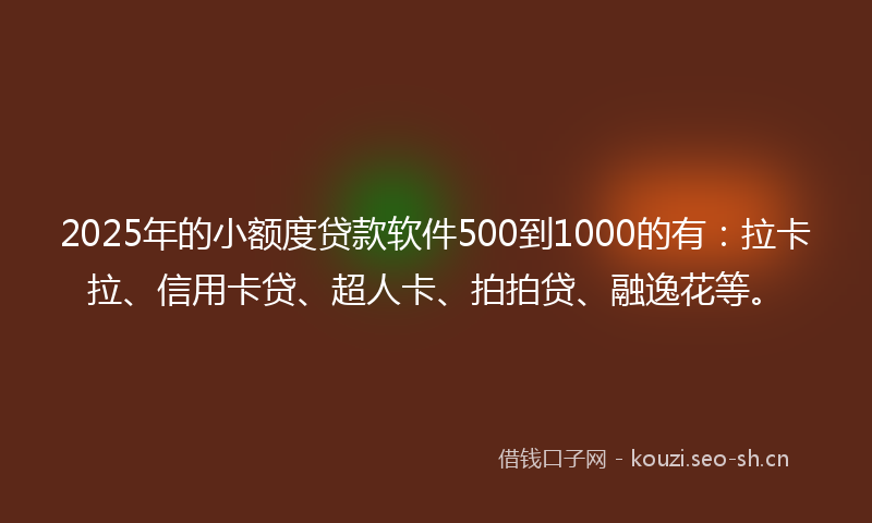 2025年的小额度贷款软件500到1000的有：拉卡拉、信用卡贷、超人卡、拍拍贷、融逸花等。