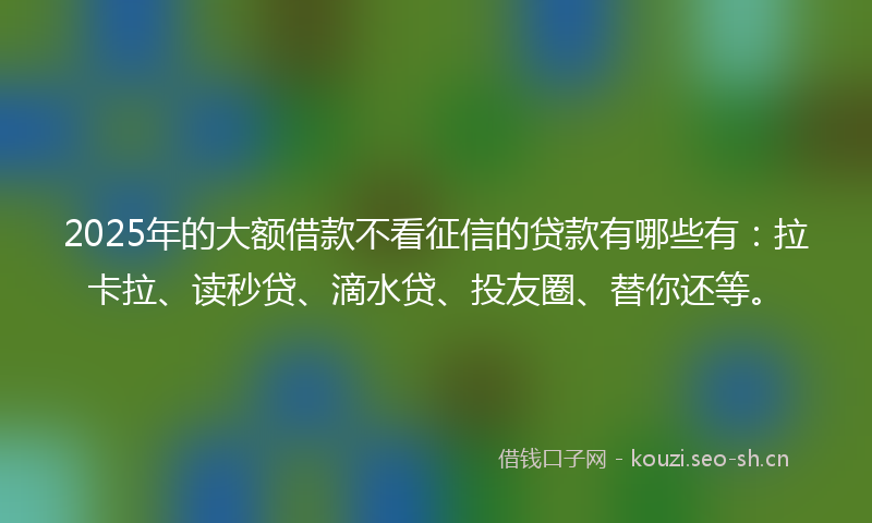 2025年的大额借款不看征信的贷款有哪些有：拉卡拉、读秒贷、滴水贷、投友圈、替你还等。