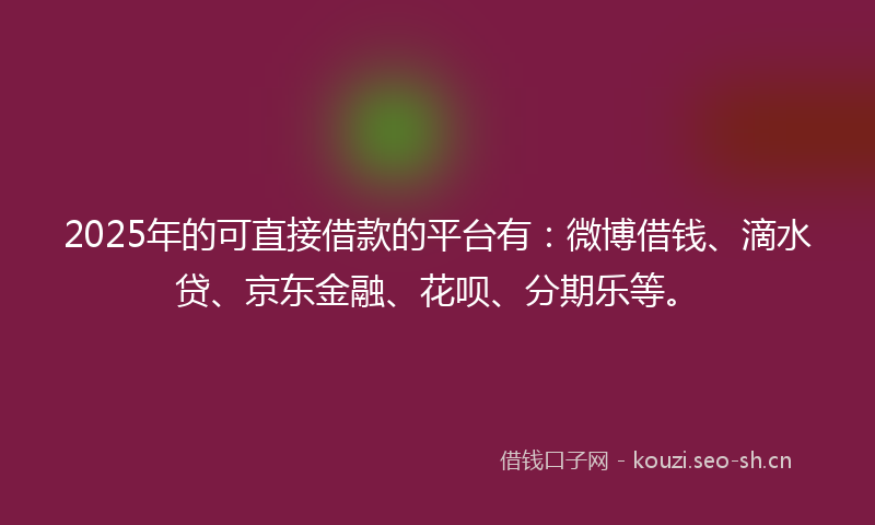 2025年的可直接借款的平台有:微博借钱、滴水贷、京东金融、花呗、分期乐等。