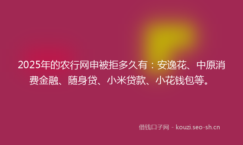 2025年的农行网申被拒多久有：安逸花、中原消费金融、随身贷、小米贷款、小花钱包等。