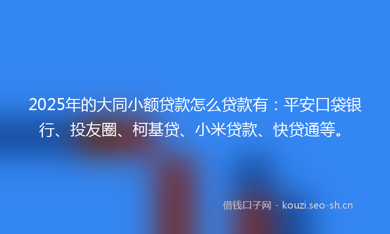 2025年的大同小额贷款怎么贷款有：平安口袋银行、投友圈、柯基贷、小米贷款、快贷通等。