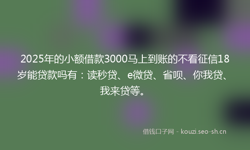 2025年的小额借款3000马上到账的不看征信18岁能贷款吗有：读秒贷、e微贷、省呗、你我贷、我来贷等。