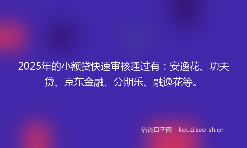 2025年的小额贷快速审核通过有：安逸花、功夫贷、京东金融、分期乐、融逸花等。