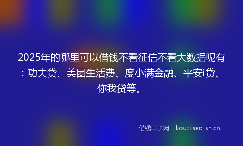 2025年的哪里可以借钱不看征信不看大数据呢有：功夫贷、美团生活费、度小满金融、平安i贷、你我贷等。