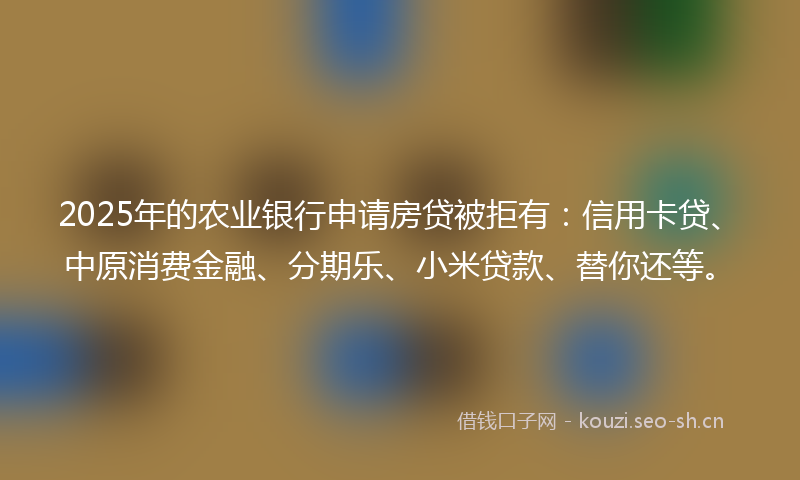 2025年的农业银行申请房贷被拒有：信用卡贷、中原消费金融、分期乐、小米贷款、替你还等。