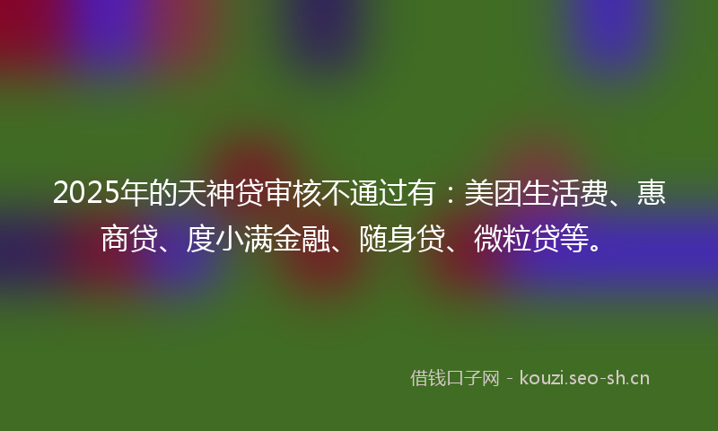 2025年的天神贷审核不通过有：美团生活费、惠商贷、度小满金融、随身贷、微粒贷等。